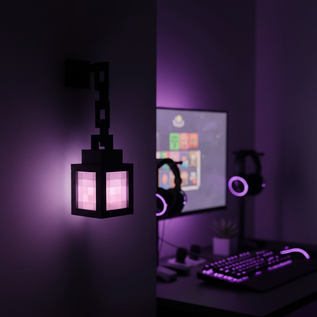 Lámpara pixel morada compacta en ambiente
